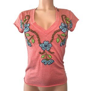 241. Johnny Was Joystick Vintage Hand Embroidered Tee Top Pink Small